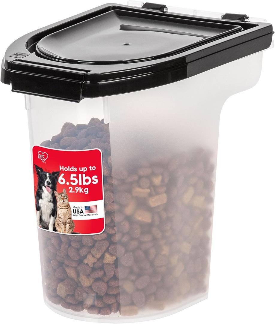 IRIS USA WeatherPro Airtight Pet Food Storage Container, Up to 6.5 lbs, Treat Box for Dog Cat and Bird Food, Keep Fresh, Translucent Body, Easy Clean Up, BPA free, Clear/Black