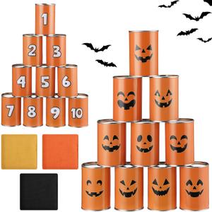 13 Pcs Halloween Carnival Can Bean Bag Toss Games Orange Jack-O'-Lantern Can Toss Game with 10 Cans & 3 Bean Bags for Halloween Outdoor Decoration Home Decor Party Favors Supplies