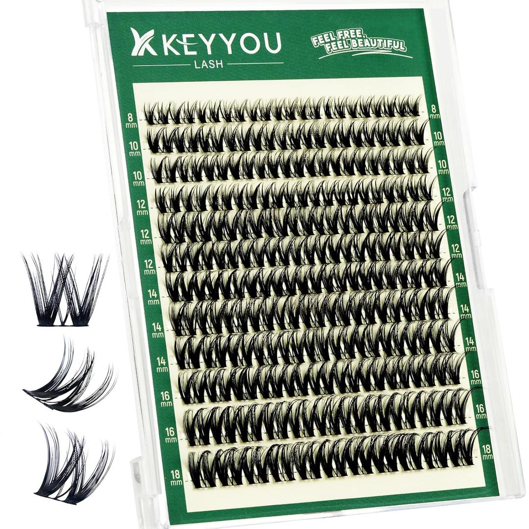 KEYYOU Flaunt Lash Clusters Flora Eyelash Clusters D Curl Cluster Eyelash Extensions 8-18mix False Eyelashes 144pcs Classic Wispy Natural Lash Cluster with SpikesF01