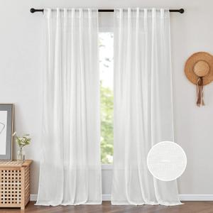 PONY DANCE 90 inch Extra Long Sheer Curtains for Bedroom Living Room, Back Tap Rod Pocket Luxury Linen Curtain Drapes for Sliding Glass Patio Doors,Set 2 Two Panels,90 in Length,Ivory