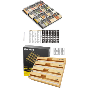 SpaceAid Spice Drawer Organizer with 28 Glass Jars, 4-Tier Tray, and Dispenser