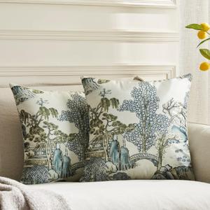 Pack of 2, Chinoiserie Pillow Cover 20 x 20 Inch Asian Scenic Grey Throw Pillow Covers Linen Farmhouse Tree Leaves Pillow Case Cushion Covers for Sofa Couch Living Room