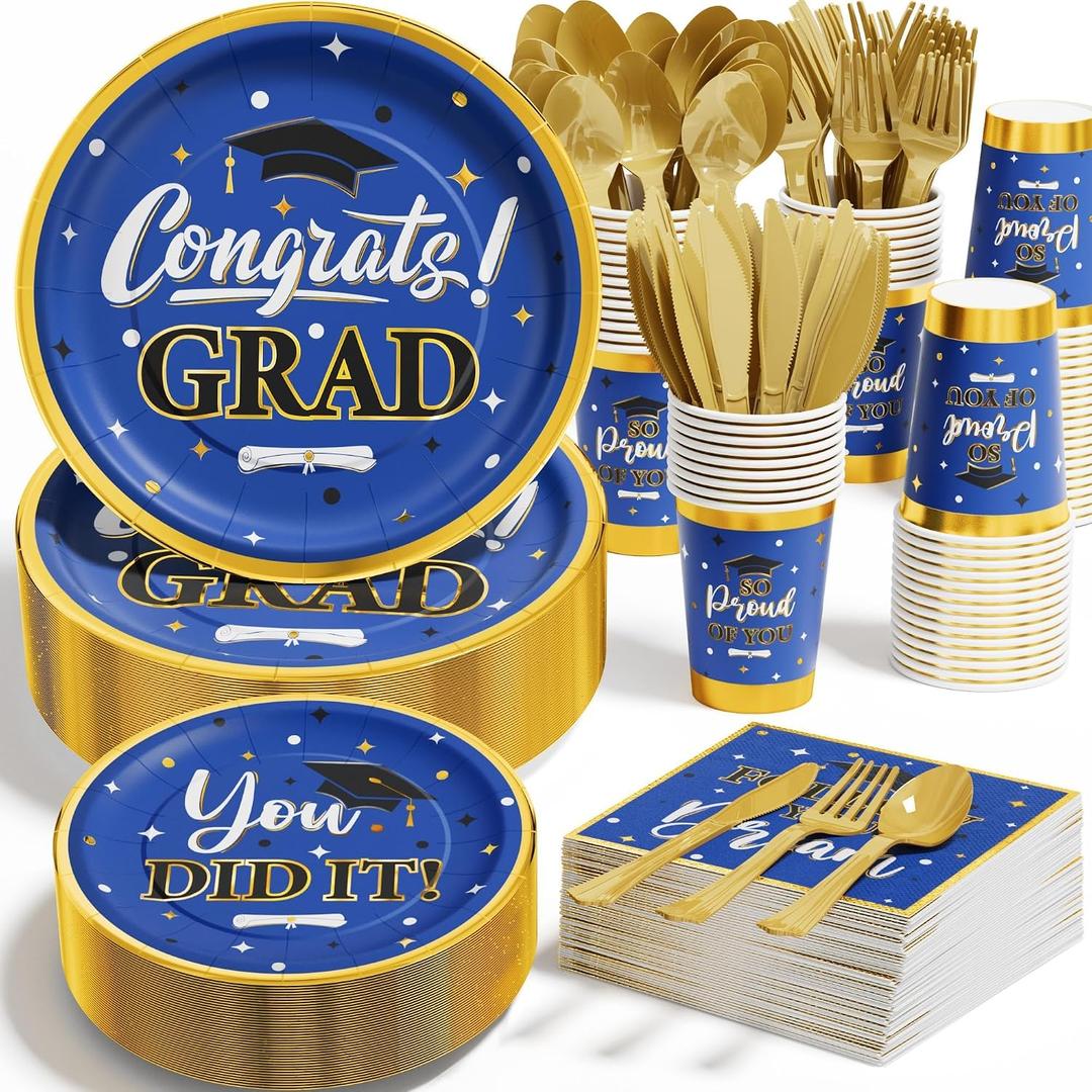 Graduation Decorations Class of 2026, 350PCS Graduation Party Supplies Disposable Dinnerware(Serve 50) with Paper Plates Cup Napkin Fork Knife Spoon College High School Grad Decor(Blue & Gold)