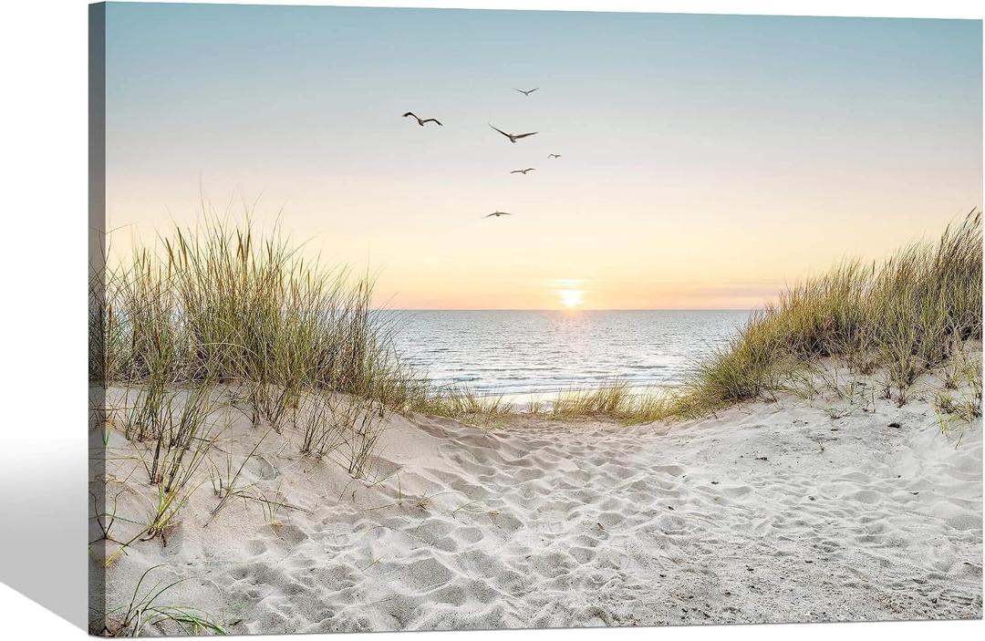 Beach Wall Art Canvas Bathroom: Coastal Sunset Ocean Print Artwork Modern Sea Scene Seascape Picture Seaside Landscape Seashore Painting for Living Room Bedroom Office Decor, 24"L x 16"W