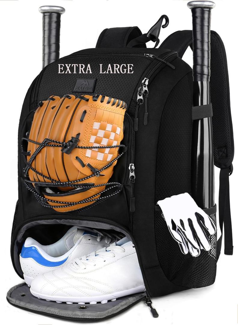 MATEIN Baseball Backpack, Softball Bat Bag with Shoes Compartment for Youth, Boys and Adult, Lightweight Baseball Bag with Fence Hook Hold TBall Bat, Batting Mitten, Helmet, Caps, Teeball Gear (47L, Black)