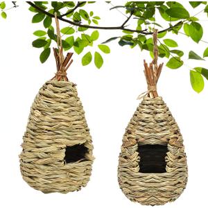 Gute Hummingbird Houses for Outside Hanging, Natural Grass Hanging Bird Hut, Hand Woven Hummingbird Nest, Large Wren Finch Bird House for Garden Window Outdoor Home Decoration, Set of 2