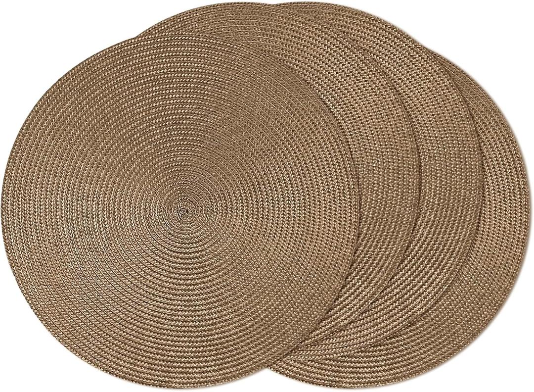 AHHFSMEI Round Braided Placemats 15 Inch Round Table Mats for Dining Tables Natural Woven Heat Resistant Place mats Set of 4 (Brown, 4)