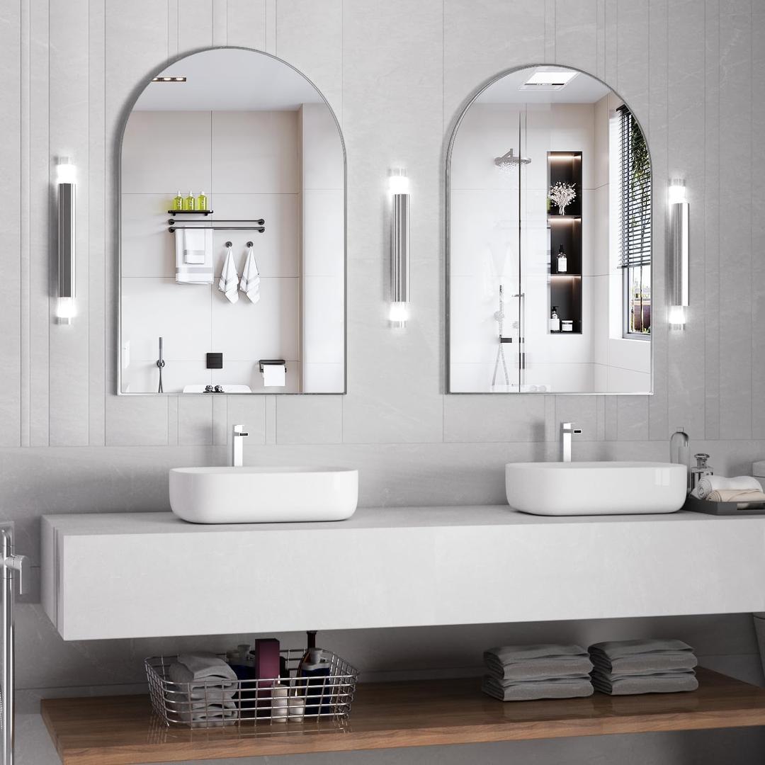 Wall Mounted Mirror, Arched Wall Mirror for Bathroom, 2 Pieces 24"x36" Arch Bathroom Mirror with Metal Frame, Silver Vanity Mirror Decor for Mantle, Bedroom, Entryway, Living Room