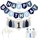 DCJHFJ Felt Navy Blue Happy Birthday High Chair Banner Pre-Strung Birthday Hanging Decoration for Baby Boy 1st Birthday Party Decorations