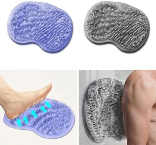 2 PCS Shower Foot & Back Scrubber Mat Hands Free Foot Massager Mat with Non-Slip Suction Cups, Wall Mounted Silicone Bathroom Wash Foot Pad Exfoliating Dead Skin Foot Brush (Grey & Purple)