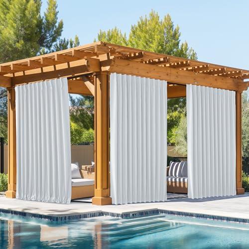 NICETOWN 2 Panels Outdoor Curtains Waterproof Pocket & Back Tab on Top & Bottom, Thermal Insulated Windproof Sun Blocking Outside Privacy Drapes for Patio with Fixed Rope, W84 x L84, Greyish White