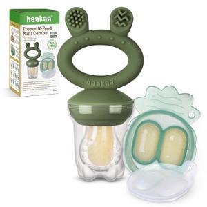 Haakaa Baby Fruit Food Feeder & Mini Freezer Nibble Tray Combo, Breastmilk Popsicle Molds for Baby Cooling Relief, BPA Free Silicone Feeder for Safe Infant Self Feeding, 4 Month+(Olive Green) (OliveGreen)