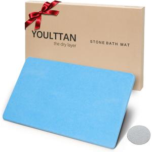 Stone Bath Mat 24"x16" - Diatomaceous Earth Shower Mat, Quick Dry, Anti-Slip, Modern Design with Bonus Non-Slip Pad - Perfect for Home Safety and Style, (Blue)