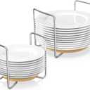 Dish Rack for Kitchen Counter - Bamboo Plate Organizer for Cabinet Space Saver, 2Pcs Adjust 8.5" to 12.5" Stainless Steel Plate and Bowl Holder with Portable Handle for Drawer Cupboard Shelf RV (1*Small&1*Large, Natural)