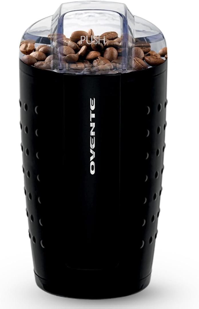 OVENTE Electric Coffee Grinder, Coffee Mill and Spice Grinder with 2.5oz Capacity, 150W Motor, One Touch Push-Button & Stainless Steel Blades for Uniform Grinding of Beans, Herb or Nuts, Black CG225B