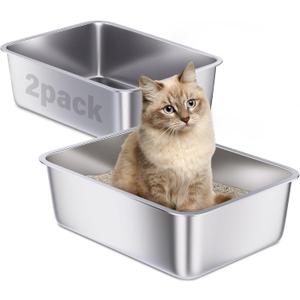 Stainless Steel Litter Box 2 Pack, 18"x14"x6" Medium Cat Litter Box Easy to Clean, Never Absorb Odor, Non Stick Metal Litterbox for Small to Medium Cats, Rabbits