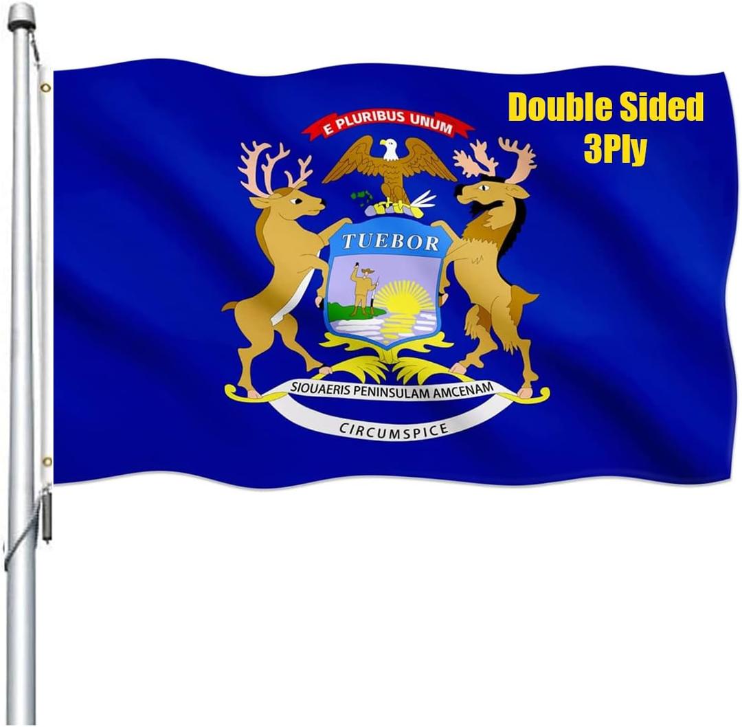 Michigan Flag 3x5 Outdoor Double Sided - Heavy Duty Polyester Michigan MI State Flags Long Lasting with 2 Brass Grommets 3 X 5 Ft