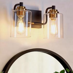 Modern 2-Light Bathroom Vanity Light Fixture, Black and Gold Bathroom Light Fixtures Over Mirror with Large Clear Glass Shades, Farmhouse Wall Sconce for Bedroom Living Room, E26 Base