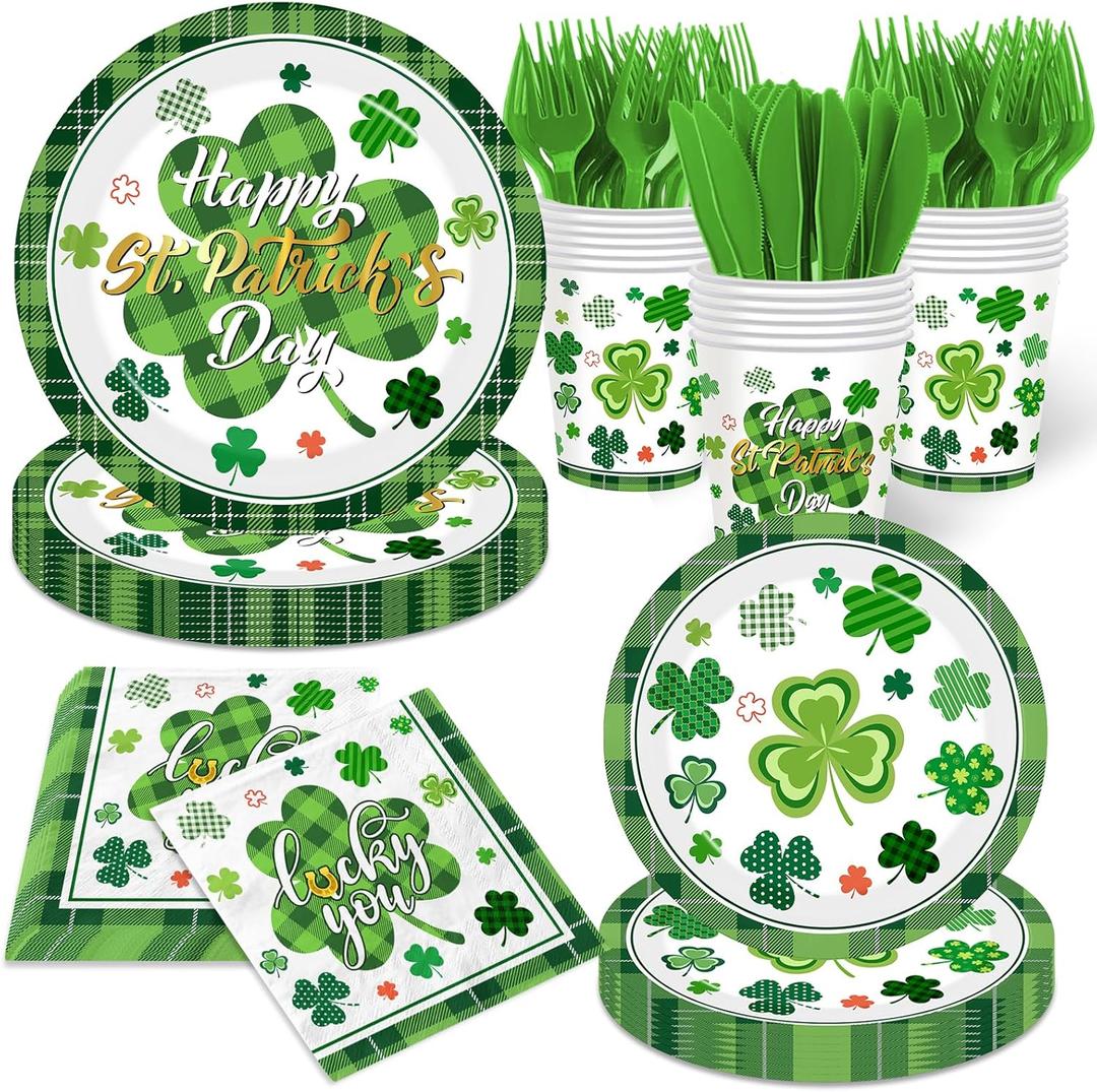 144Pcs St. Patrick's Day Plates and Napkins Green Plaid Lucky Shamrock Disposable Paper Tableware Set for Irish Birthday St Patrick's Day Decorations Serve 24 Guests