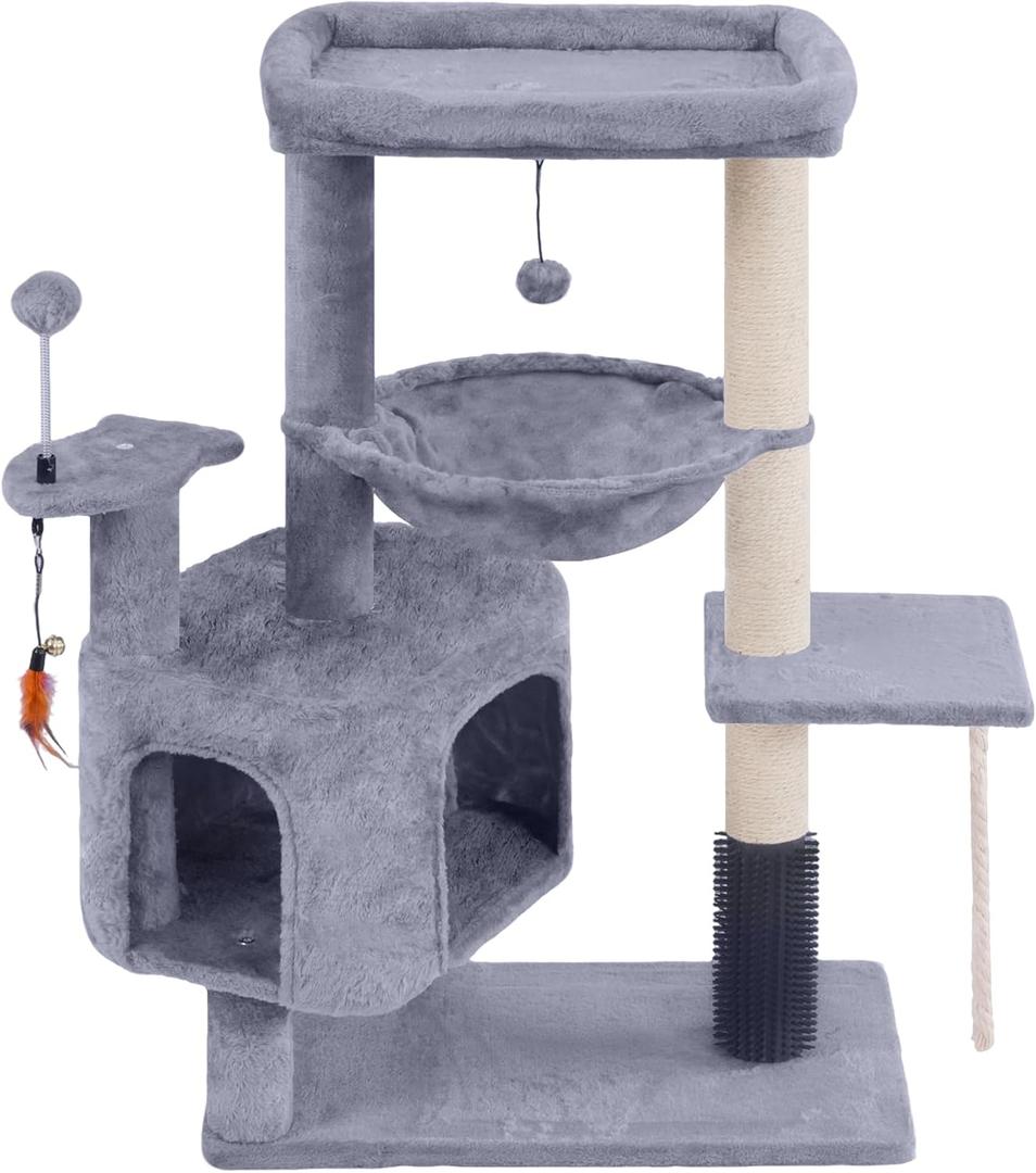 Cat Tree with Cat Condo and Hammock for Indoor Cats, Cat Tree with Self-Grooming Brush and Toy Balls, Cat Tower with Scratching Posts, Grey
