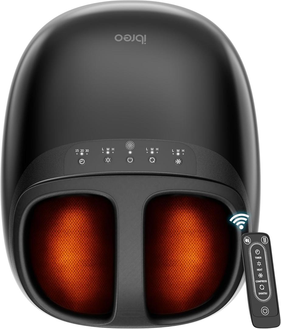 Shiatsu Foot Massager with Heat, Deep Kneading Therapy, Air Compression, for Feet Neuropathy, Plantar Fasciitis, Pain Relief, with Auto-Off Timer, Remote Control, for Men Women Size up to 13 (Black)