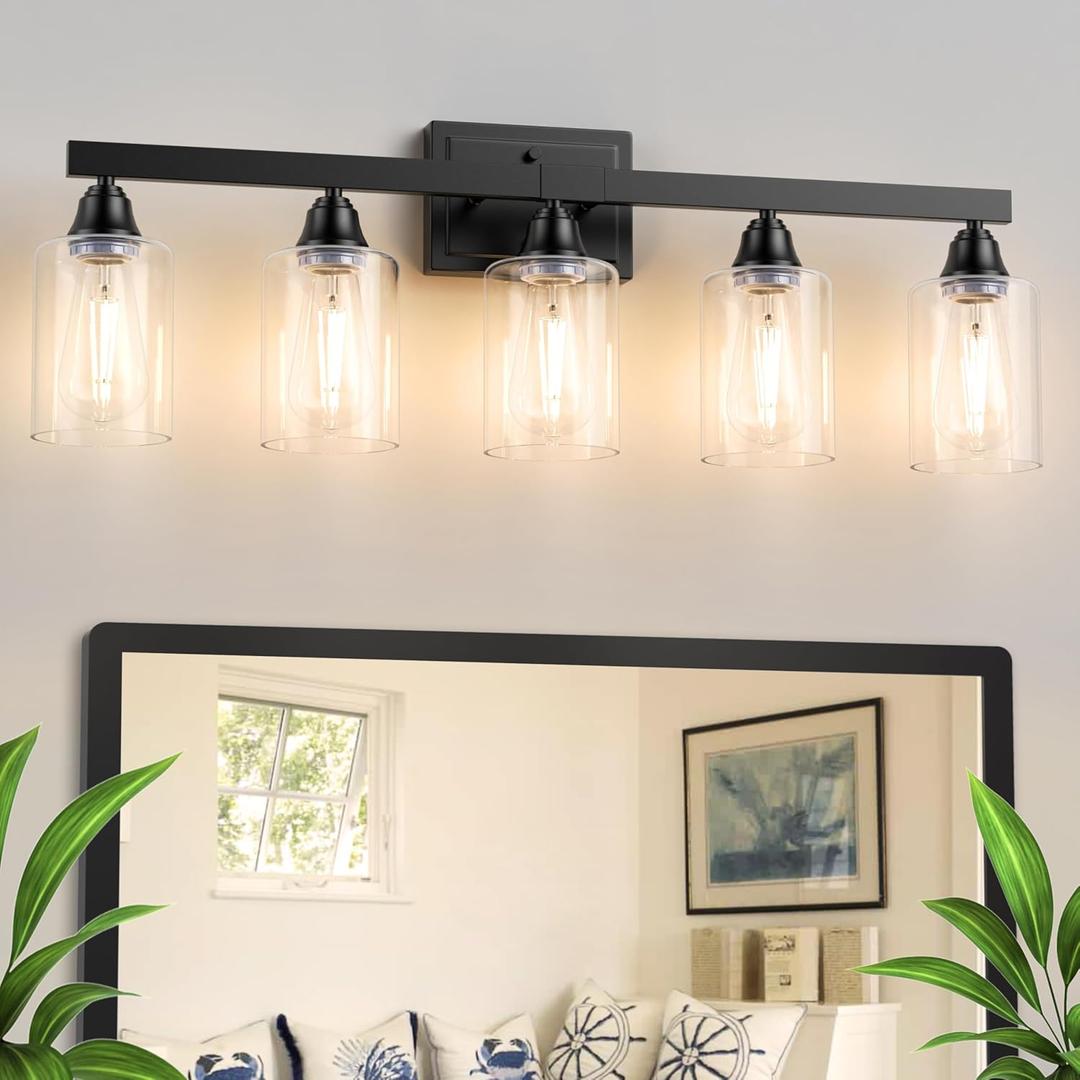 VOLISUN 5-Light Bathroom Light Fixtures, Matte Black Bathroom Vanity Light Over Mirror, Modern Vanity Light for Bathrooms, Bathrooms Wall Light with Clear Glass Shades (Bulbs Excluded)