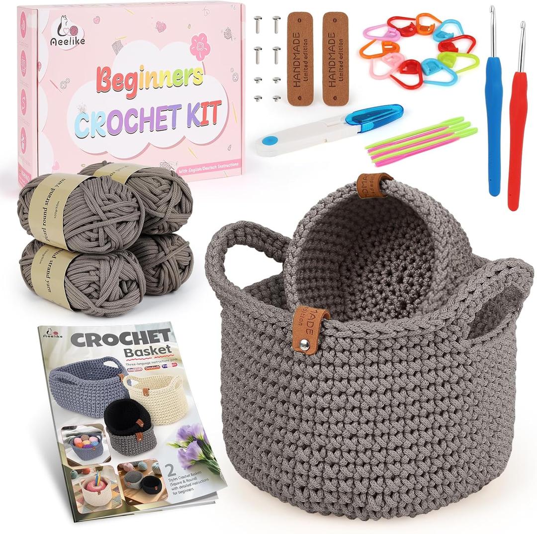 Aeelike 27PCS Crochet Basket Kit for Beginners (L&S), Complete Crochet Kit Include Instruction Beginner-Friendly Yarn, Starter Knitting Set for Beginners, Crocheting Gift for Storage Home Decor