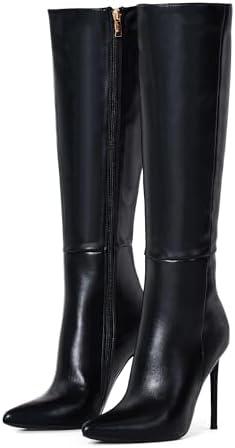 Elisabet Tang 4 inch Women's Knee High Long Boots, Stiletto Tall Pointed Toe Heeled Boot Leather Suede Comfortable Sexy, 8