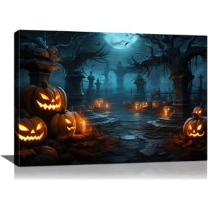 vandlife Halloween Home Decoration Dark Blue Spooky Tomb Canvas Wall Art Smiling Creepy Pumpkin Lantern Framed Poster Decor for Living Room Bedroom 24x16in