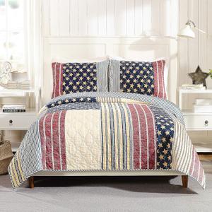 MODERN HEIRLOOM Americana Quilt with 2 Shams, Rustic 3-Piece Reversible All Seasons Quilt Set, Lightweight Coverlet Set, King Size, Red/Blue