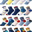 20 Pair Cartoon Socks for Boys Toddler Car Dinosaur Patterned Sport Round Neck Boys Dress Socks (9-13 Years, Cute)