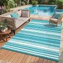 GAOMON Modern Striped 9x12 Outdoor Rug UV-Resistant Geometric Lines Reversible Plastic Straw Indoor Outdoor Rugs Waterproof Outside Large Carpet for Camping Trailer RV Balcony Pool Light Blue White