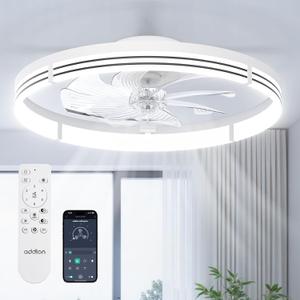 addlon Ceiling Fans with Lights and Remote, 24'' Low Profile Ceiling Fans, 3000-6000K Dimmable Modern Flush Mount LED Fan Light, Fandelier Ceiling Fan for Bedroom, Kitchen, Living Room, White