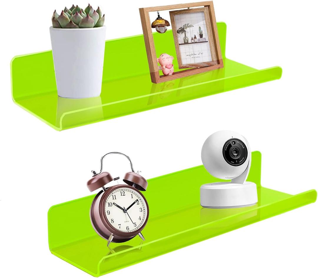ROYALITA Small Acrylic Shelves Wall Mounted | Set of 2 | 12 Inches | Wall Hanging Plant Display Shelves, Room Decor Floating Wall Shelves for Gaming Room Bedroom, Living Room, Office, Green