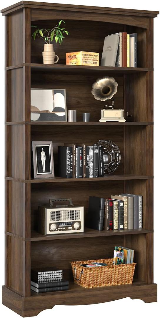 TVU 5-Tier Wooden Bookshelf, 65 Inch Tall Bookshelf with Storage, Floor Standing Modern Style Display Bookcase for Living Room, Office, Study Room, Entryway, Brown