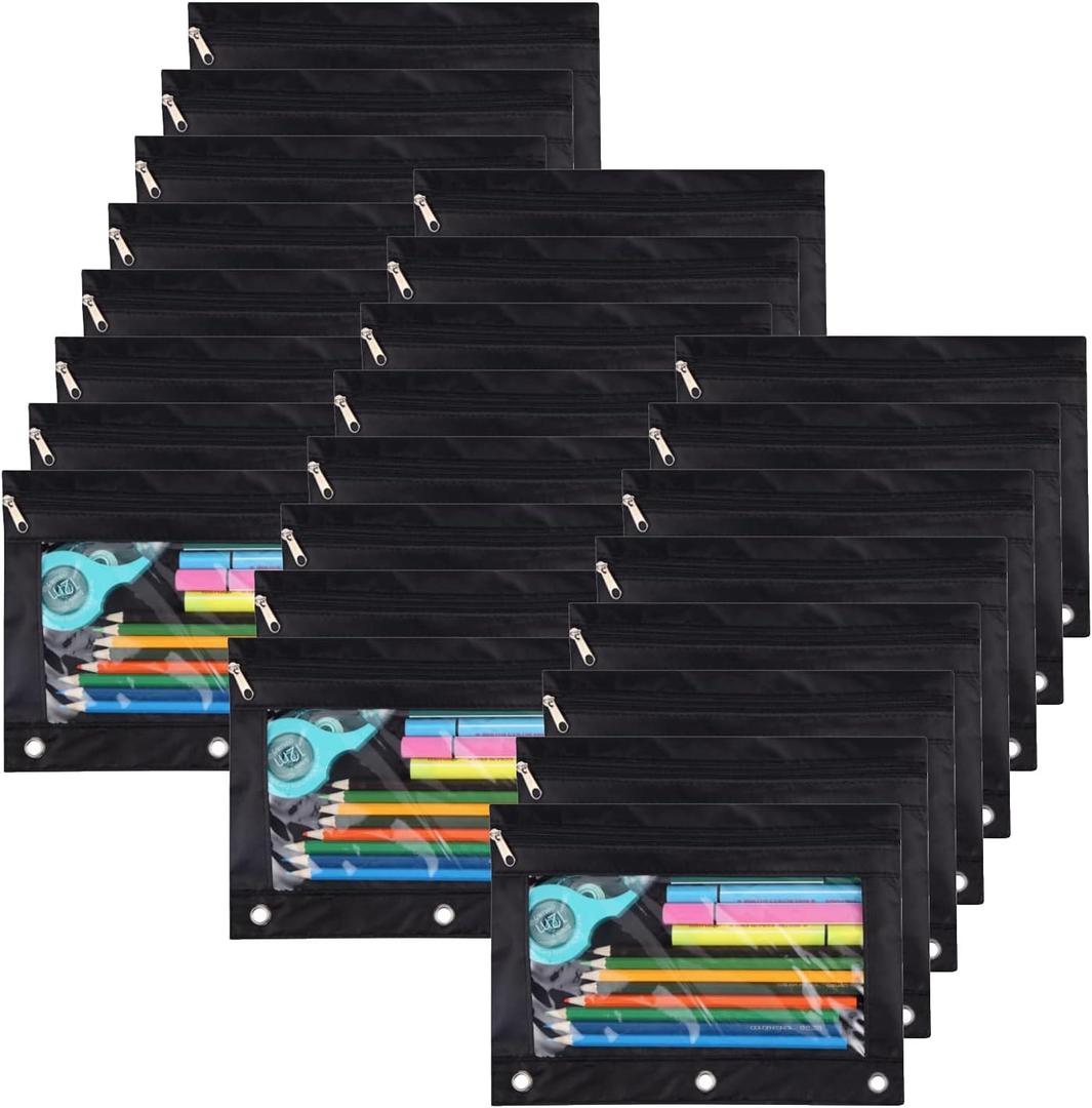 YoeeJob Pencil Pouch for 3 Ring Binder, Binder Pouches with Zipper Bulk, Pen Holder Case with Clear Window School Class Office Organizers, 24 Pack, Black