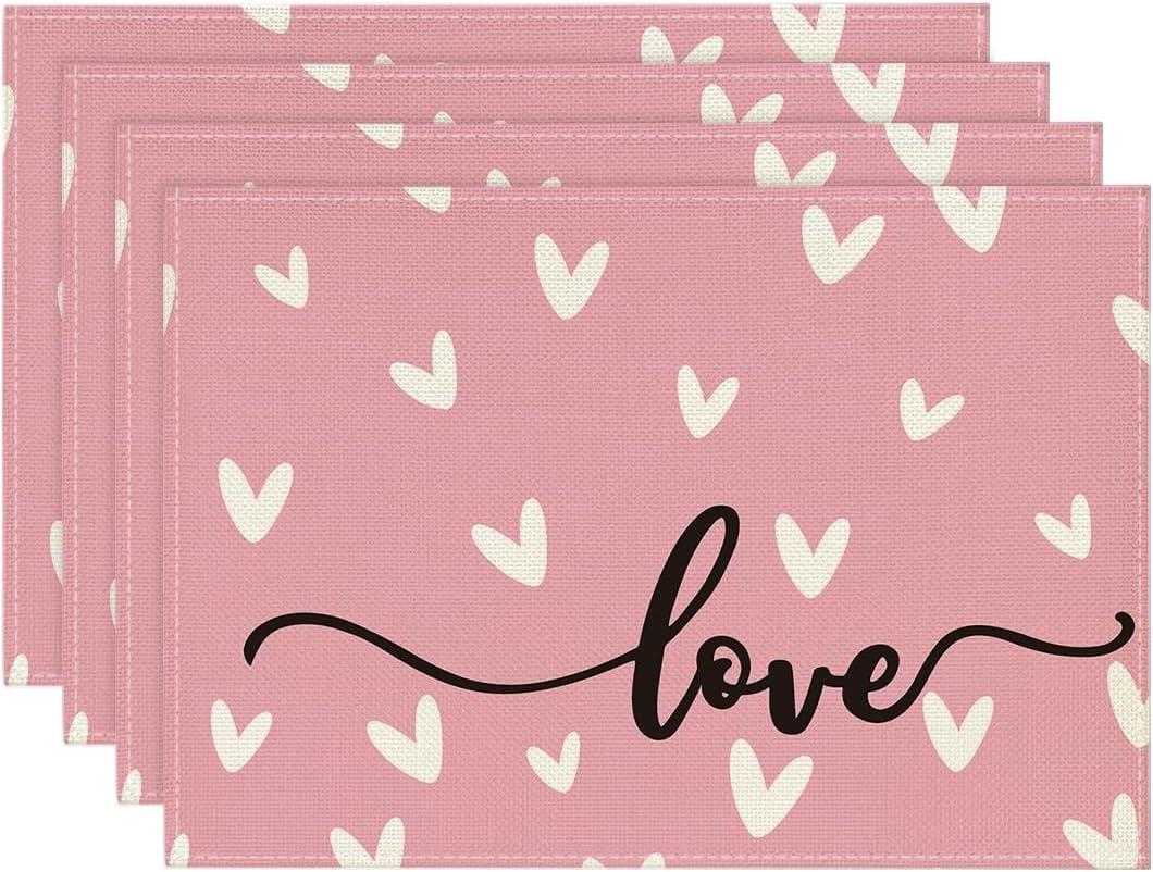 Artoid Mode Pink Love Hearts Placemats Set of 4, 12x18 Inch Seasonal Table Mats for Party Kitchen Dining Decoration