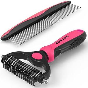 Docrok Pet Grooming Brush & Comb Combo, Cat & Dog Brush for Shedding & Dematting, Undercoat Rake for Long-haired Pets, Pink