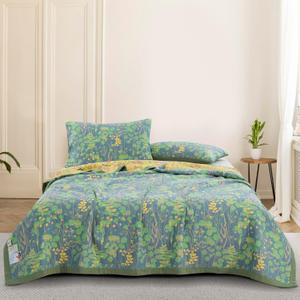 100% Cotton Muslin Botanical Blanket Jacquard Floral Plants Pattern Quilt, Soft Bed Cover Lightweight Breathable Gauzy Reversible Bedspread Coverlet Bedding King(98"x94"), No Pillow Sham, Green Plant 