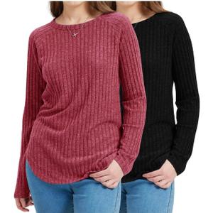 Liloak 2/3 Pack of Womens Tunic Shirts Long Sleeve Loose Fit Sweaters Crew Neck Fall Fashion Pullover Shirts Pack Lightweight (L)