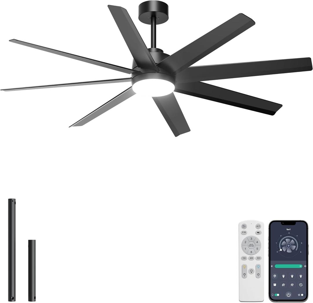 Ohniyou 60" Black Ceiling Fan with Light for Patio, Porch, Living Room
