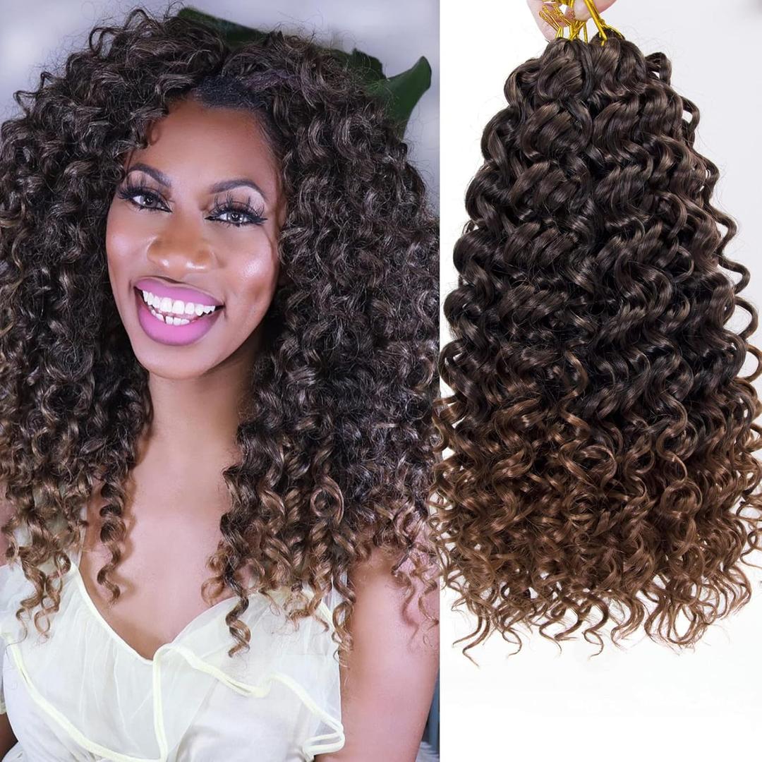 GoGo Curl Crochet hair 14inch Beach Curl Crochet hair Bohemian Crochet Braids Ombre Brown Deep Wave Braiding hair Extensions (14inch,7Packs,1B/30)