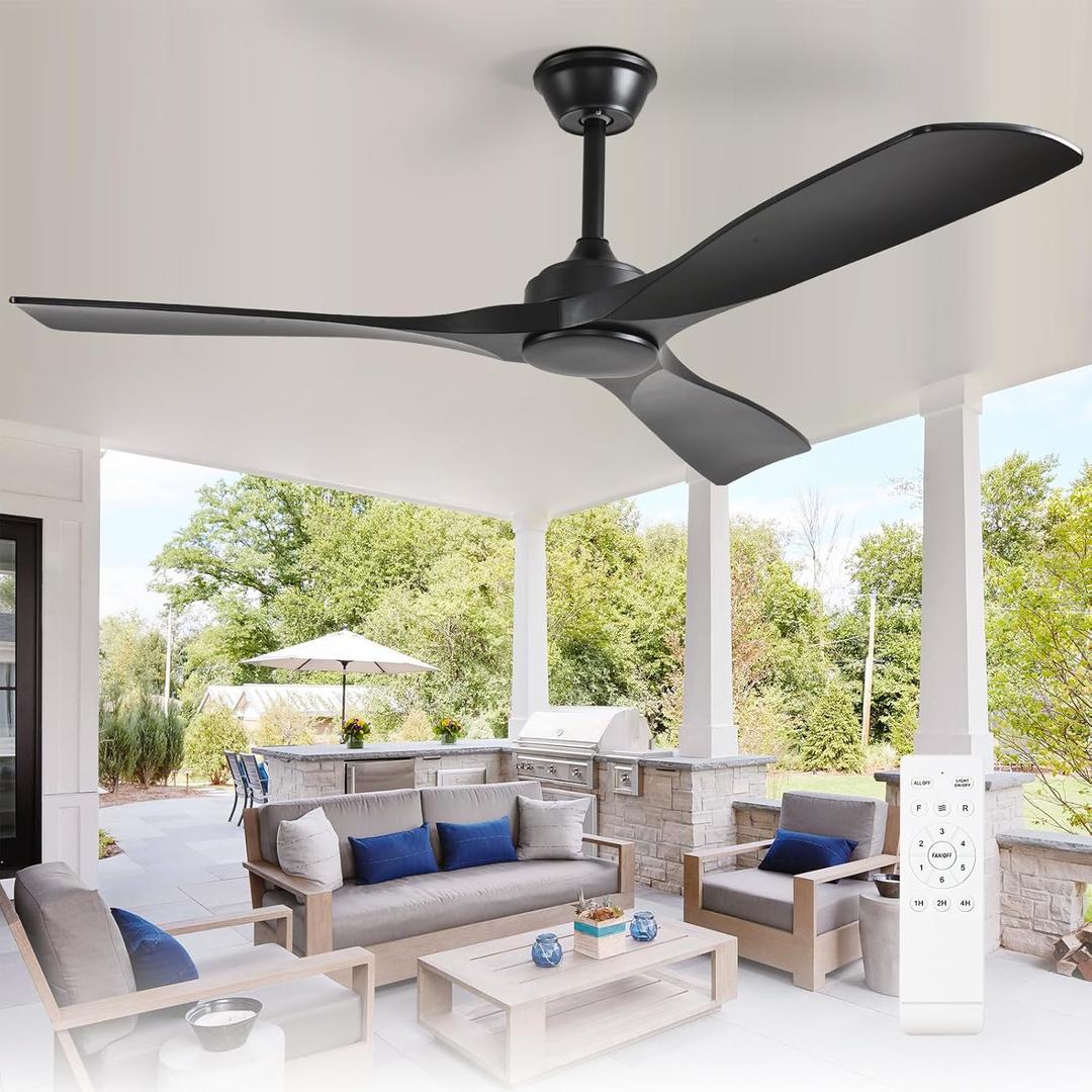 Depuley Ceiling Fan Without Light: 52 Inch 3 Blade Indoor Outdoor Fans for Patios - Black Ceiling Fan No Light Remote Control Living Room Fans Ultra Quiet DC Motor Reversible 6 Speed Timer