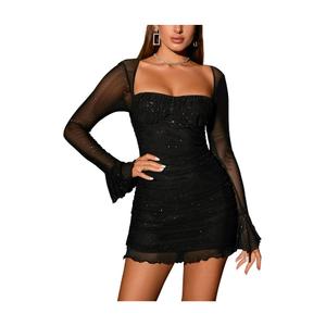 URYIAO Women's Sheer Long Sleeve Bodycon Mini Dress Sexy Corset Ruched Mesh Party Going Out Dresses Solid Black, Medium