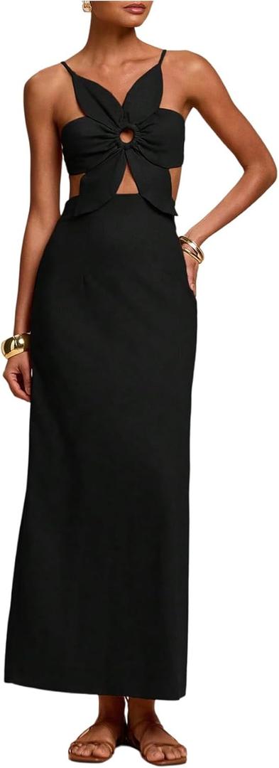 SHENHE Women's Petal Backless Linen Maxi Dress Cut Out Vacation Zipper Long Dresses (Black, XL)