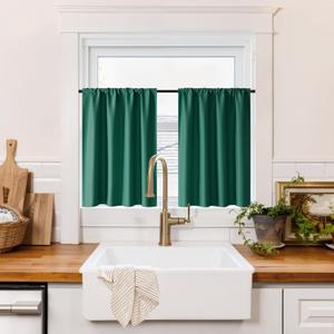 RYB HOME 100% Blackout Short Curtains for Small Window, Thermal Insulated Total Room Darkening Noise Reducing Curtains for Basement Bathroom RV Cars, 29 inches Wide by 30 inches Long, Dark Green