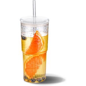 20 OZ Iced Coffee Cup With Glass Lids and Straws,High Borosilicate Glass Tumbler Cup Reusable Wide Mouth Smoothie Cups(Clear, 1Cup)