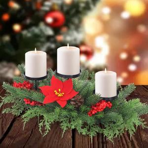 Christmas Advent Wreath Candle Holder for Table Centerpiece Decorations, Christmas Arrangements Candelabrum with 3 Candle Holders, Red Berries Pinecones, Dining Table Kitchen Fireplace Home Decor