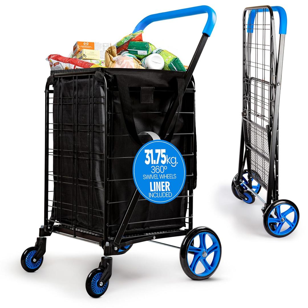 SereneLife Small Compact Folding Shopping Cart with Removable Waterproof Liner  360 Swivel Wheels, RustProof Steel Frame, 70lb Capacity  Portable Grocery, Laundry & Travel Cart (Blue)