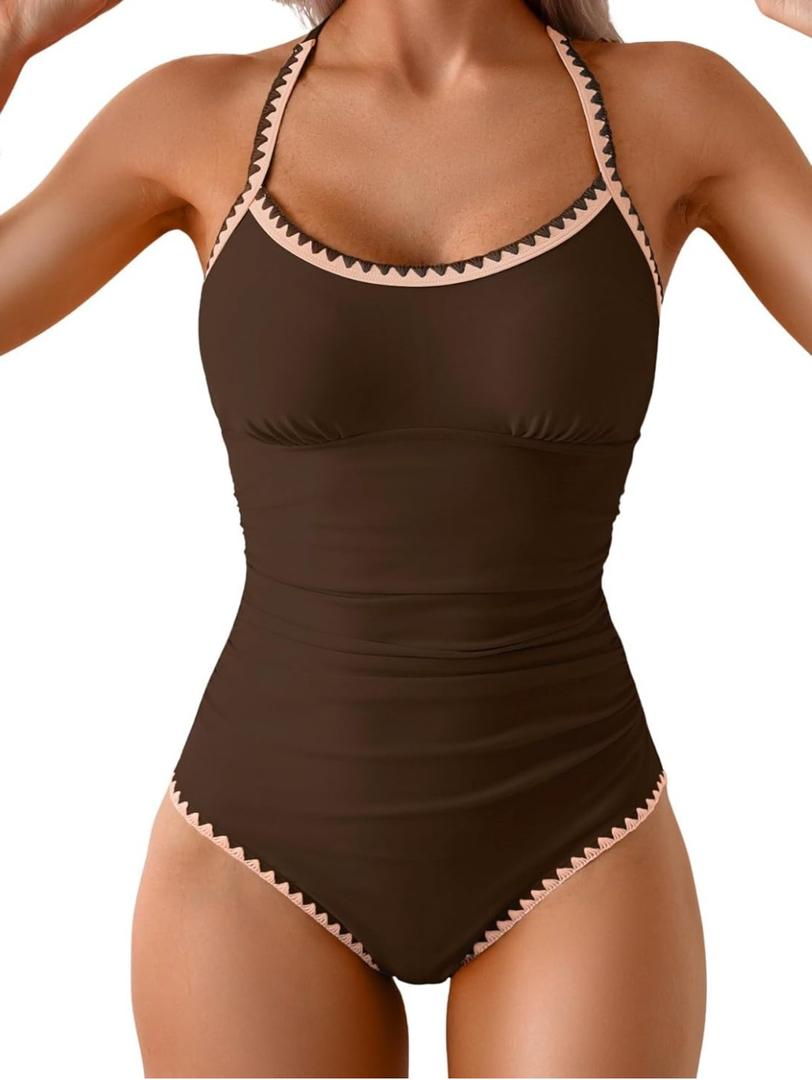 Eomenie Women's One Piece Swimsuit Tummy Control Slimming Bathing Suit Ruched Swimwear Tie Back Shell Stitch Swim Suit M